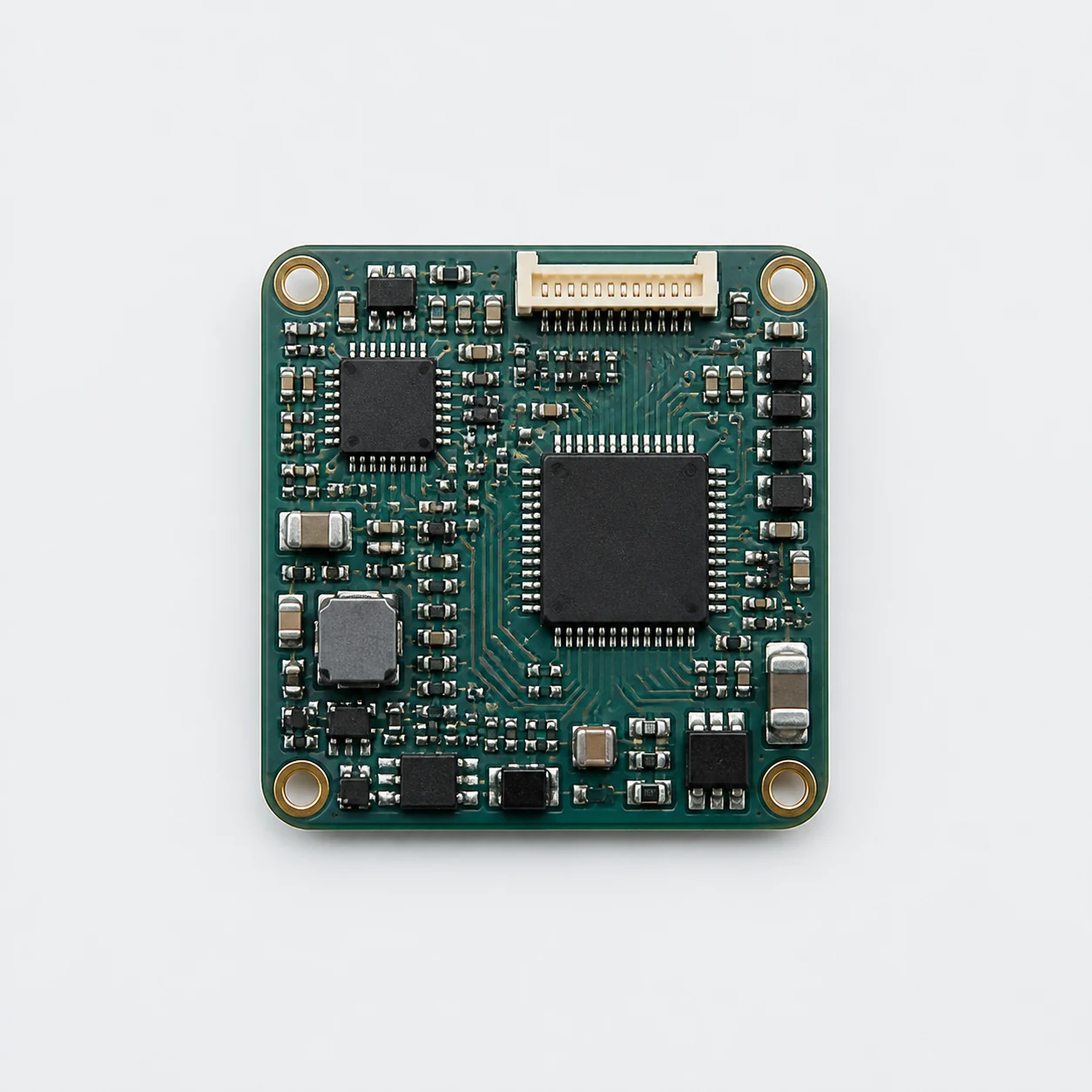 A top-down inspection capture of a compact printed circuit board assembly.