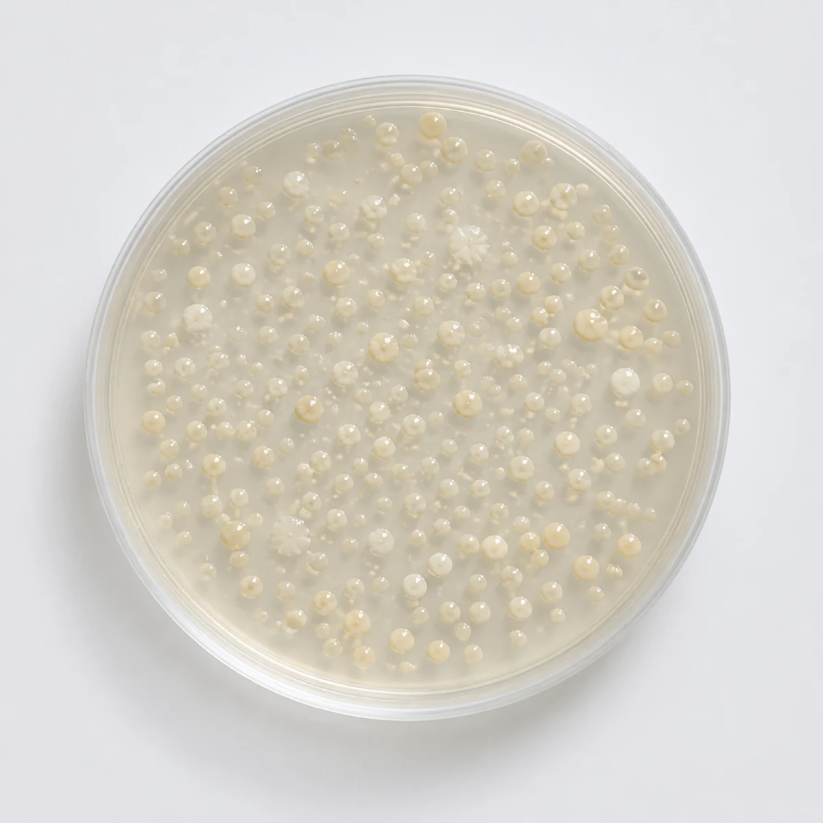 A top-down laboratory capture of colonies growing on an agar plate.