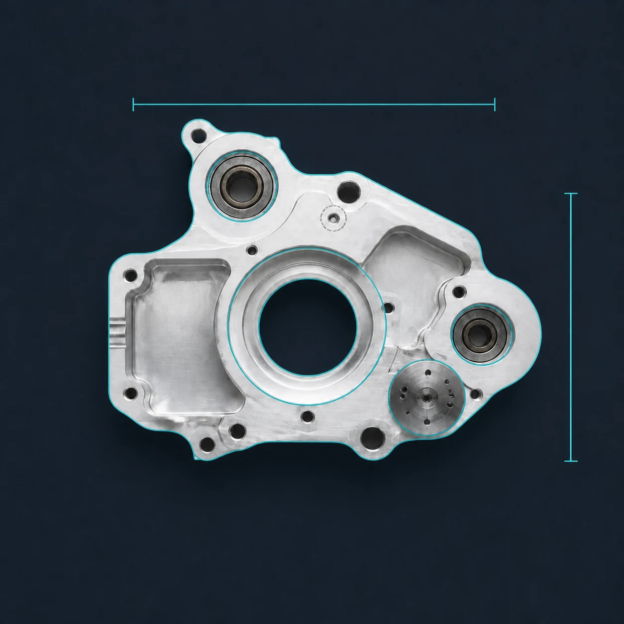 One machined housing with feature contours and measurement brackets applied.