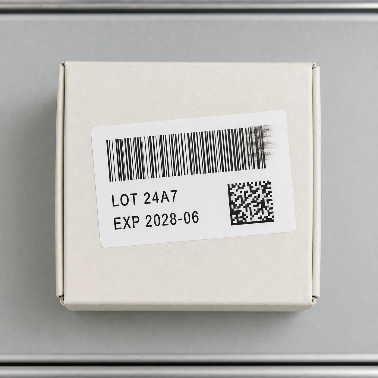 A top-down capture of a labeled paperboard carton with a 1D barcode, square code and variable data.