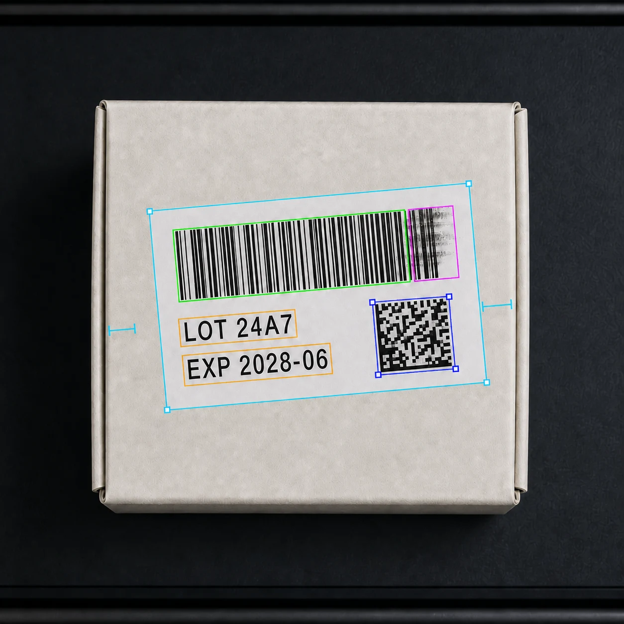 One carton label with registration, barcode, character and print-smear findings applied.