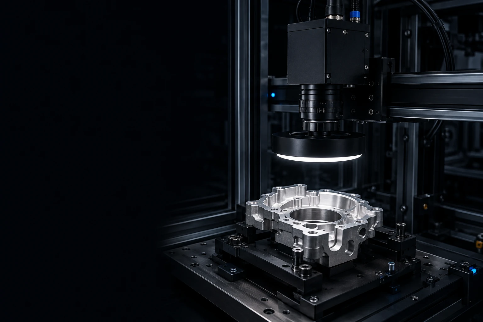 An industrial camera and ring light inspecting a machined aluminium housing in a fixture.